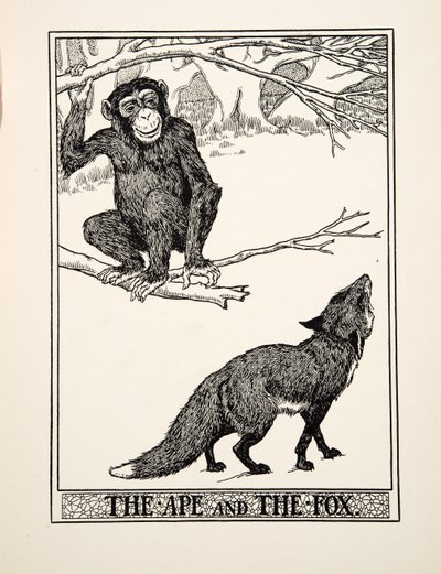 एप एंड द फॉक्स, ए हंड्रेड फेबल्स ऑफ ईसप से, pub.1903 (उत्कीर्णन) द्वारा पर्सी जे बिलिंग्सहर्स्ट