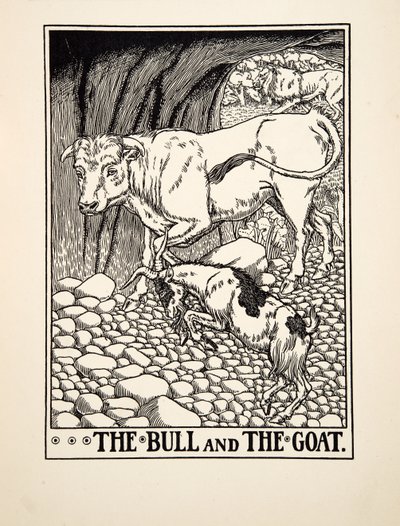 द बुल एंड द बकरी, ए हंड्रेड फेबल्स ऑफ ईसप से, pub.1903 (उत्कीर्णन) द्वारा पर्सी जे बिलिंग्सहर्स्ट