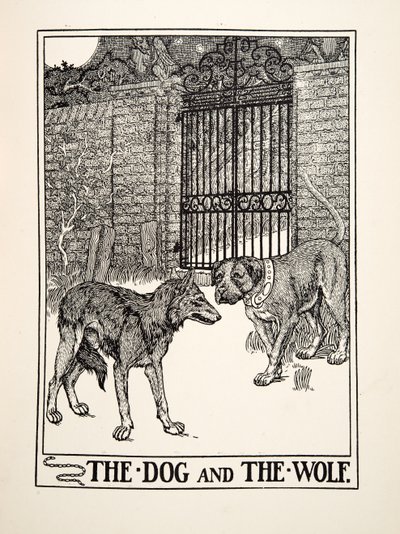 द डॉग एंड द वुल्फ, ए हंड्रेड फेबल्स ऑफ ईसप से, pub.1903 (उत्कीर्णन) द्वारा पर्सी जे बिलिंग्सहर्स्ट