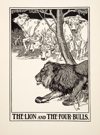द लायन एंड द फोर बुल, ए हंड्रेड फेबल्स ऑफ ईसप से, pub.1903 (उत्कीर्णन) द्वारा पर्सी जे बिलिंग्सहर्स्ट