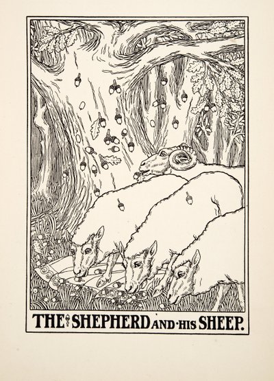 द शेफर्ड एंड हिज़ शीप, ए हंड्रेड फेबल्स ऑफ़ ईसप से, pub.1903 (उत्कीर्णन) द्वारा पर्सी जे बिलिंग्सहर्स्ट