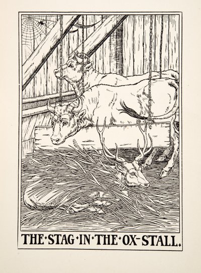 द स्टैग इन द ऑक्स स्टॉल, ए हंड्रेड फेबल्स ऑफ ईसप से, पब.1903 (उत्कीर्णन) द्वारा पर्सी जे बिलिंग्सहर्स्ट