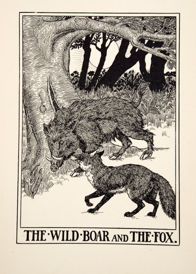 जंगली सूअर और लोमड़ी, ईसप की एक सौ दंतकथाओं से, pub.1903 (उत्कीर्णन) द्वारा पर्सी जे बिलिंग्सहर्स्ट