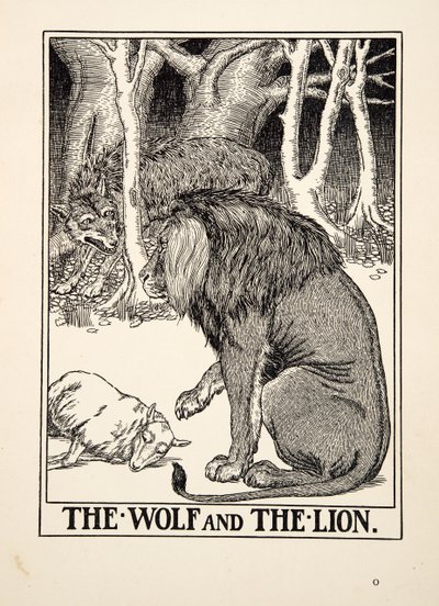 द वुल्फ एंड द लायन, ए हंड्रेड फेबल्स ऑफ ईसप से, pub.1903 (उत्कीर्णन) द्वारा पर्सी जे बिलिंग्सहर्स्ट
