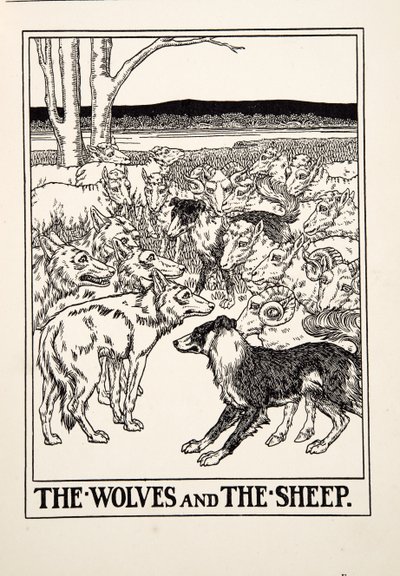 भेड़ियों और भेड़, ईसप के एक सौ दंतकथाओं से, pub.1903 (उत्कीर्णन) द्वारा पर्सी जे बिलिंग्सहर्स्ट