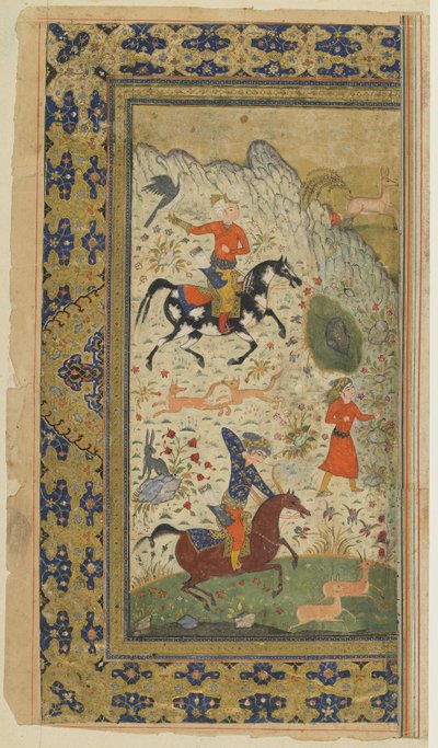 फिरदौसी द्वारा शाहनामा (राजाओं की पुस्तक) से एक रॉयल हंट, c.1590-1600 (स्याही, अपारदर्शी जल रंग और कागज पर सोना) द्वारा फारसी स्कूल
