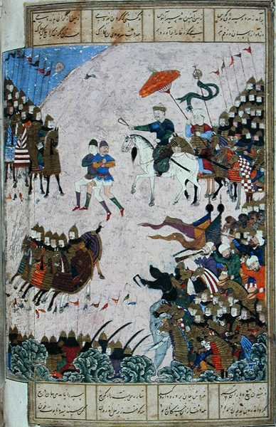 इसफंदियार और अर्जस्प के बीच लड़ाई, अबुल-कासिम मनूर फिरदौसी (c.934-c.1020) द्वारा 'शाहनामा' (राजाओं की पुस्तक) से चित्रण, c.1440-45 (वेलम पर कलम, स्याही और जल रंग) द्वारा फारसी स्कूल