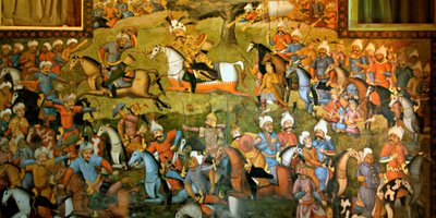 तहर-अबद की लड़ाई या मुहम्मद शायबानी खान, रिसेप्शन हॉल, चेहल सोतुन, 1647 में शाह इस्माइल की जीत के साथ मर्व की लड़ाई द्वारा फारसी स्कूल