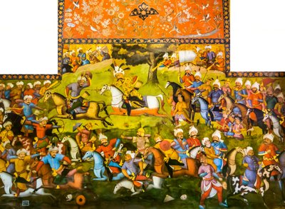 तहर-अबद की लड़ाई या मुहम्मद शायबानी खान, रिसेप्शन हॉल, चेहल सोतुन, 1647 में शाह इस्माइल की जीत के साथ मर्व की लड़ाई द्वारा फारसी स्कूल