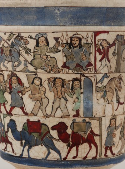 बीकर &39;शाहनामा&39;, काशान, ईरान, सल्जूक काल, 12 वीं सदी के अंत में (पत्थर का पेस्ट जो शीशे का आवरण और तामचीनी के साथ चित्रित किया गया) द्वारा फारसी स्कूल