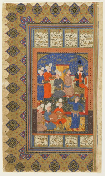फिरदौसी के शाहनामा (राजाओं की पुस्तक) से लुहारसप के साथ कुलपति, c.1590-1600 (स्याही, अपारदर्शी जल रंग और कागज पर सोना) द्वारा फारसी स्कूल
