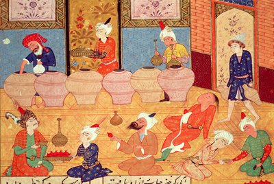 Fol.33v, संगीतकारों के साथ भोज का विस्तार, हाफिज़ शिराज़ी की कविताओं की एक पुस्तक से (c.1325-c.1388) 1554 द्वारा फारसी स्कूल