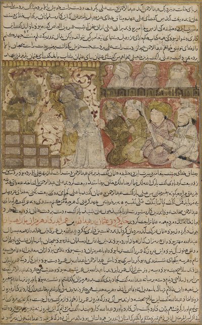 बालमी द्वारा तारिखनामा (इतिहास की पुस्तक) से फोलियो: ओथमैन का चुनाव मदीना के खिलाफत के लिए, c.1300 (अपारदर्शी जल रंग, कागज पर स्याही और सोना) द्वारा फारसी स्कूल