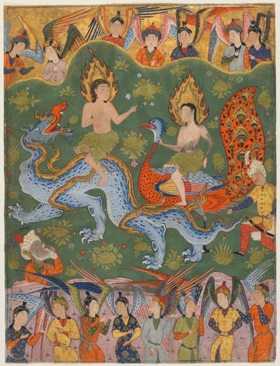 एक फालनामा (ओमेंस की पुस्तक) से फोलियो; छंद: एडम और ईव का निष्कासन, क़ज़्वीन, ईरान, सफ़वीद काल, मध्य 1550 (अपारदर्शी जल रंग, स्याही और कागज पर सोना) द्वारा फारसी स्कूल
