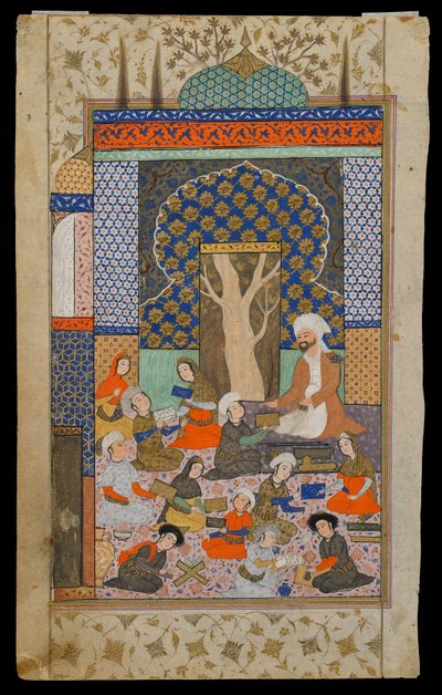 निजामी द्वारा एक खामसा (पंचक) से फोलियो; रेक्टो: लैला और मजनूं स्कूल में, ईरान, सफ़वीद अवधि, c.1600-10 (अपारदर्शी जल रंग, कागज पर स्याही और सोना) द्वारा फारसी स्कूल
