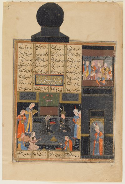 निजामी द्वारा एक खामसा (पंचक) से फोलियो; छंद: बहराम गुरु और राजकुमारी द ब्लैक पवेलियन, शिराज, ईरान में, c.1550 (अपारदर्शी जल रंग, कागज पर स्याही और सोना) द्वारा फारसी स्कूल