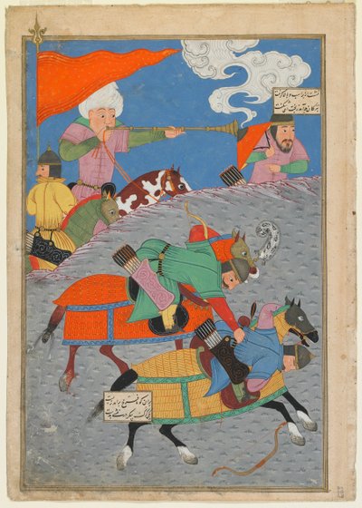 फिरदौसी द्वारा एक शाहनामा (किंग्स की पुस्तक) के फोलियो (1020); रेक्टो: ज़ंगा और अक्खास्ट के बीच लड़ाई; गिलान, ईरान, तुर्कमन काल, 1493-1494 (अपारदर्शी जल रंग, कागज पर स्याही और सोना) द्वारा फारसी स्कूल