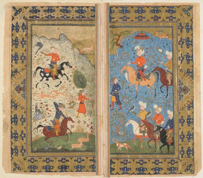 फिरदौसी द्वारा एक शाहनामा (किंग्स की पुस्तक) से फोलियो; एक रॉयल हंट, ईरान, c.1590-1600 (अपारदर्शी जल रंग, कागज पर स्याही और सोना) द्वारा फारसी स्कूल