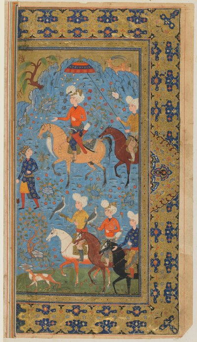 फिरदौसी द्वारा एक शाहनामा (किंग्स की पुस्तक) से फोलियो; एक रॉयल हंट, ईरान, c.1590-1600 (अपारदर्शी जल रंग, कागज पर स्याही और सोना) द्वारा फारसी स्कूल