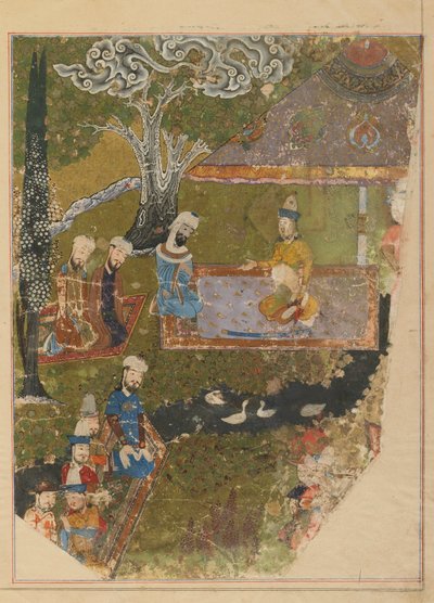 एक ज़फ़रनामा से फोलियो; छंद: तैमूर बाल्ख, शिराज, ईरान, तिमुरिड अवधि (अपारदर्शी जल रंग, कागज पर स्याही और सोना) पर सिंहासन के लिए अपने प्रवेश के अवसर पर एक दर्शक देता है द्वारा फारसी स्कूल