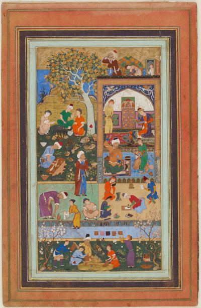 एक एल्बम से फोलियो; एक स्कूल दृश्य, तबरीज़, ईरान, सफ़वीद काल, c.1540 (कागज पर अपारदर्शी जल रंग, स्याही और सोना) द्वारा फारसी स्कूल