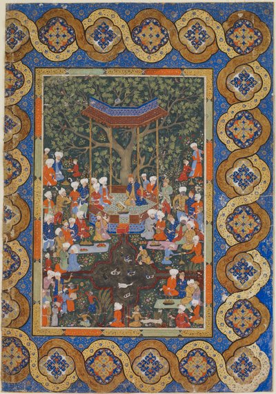 अज्ञात पाठ से फोलियो; एक गार्डन मंडप में एक शासक जो कोर्टियर्स और अटेंडेंट्स (कागज पर अपारदर्शी जल रंग, स्याही और सोने) से घिरा हुआ है) द्वारा फारसी स्कूल