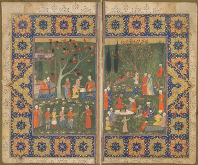 अज्ञात पाठ से फोलियो; छंद: एक बगीचे में एक पार्टी, शिराज, ईरान, c.1570 (अपारदर्शी जल रंग, कागज पर स्याही और सोना) द्वारा फारसी स्कूल