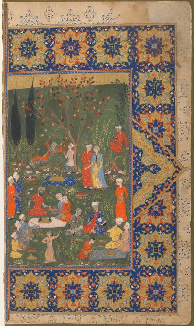 अज्ञात पाठ से फोलियो; छंद: एक बगीचे में एक पार्टी, शिराज, ईरान, c.1570 (अपारदर्शी जल रंग, कागज पर स्याही और सोना) द्वारा फारसी स्कूल