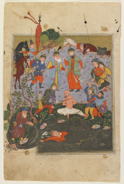 गार्सीवज को फगुआ दिया जा रहा है जबकि अफरासियाब को एक शाहनामा झील से खींचा गया है द्वारा फारसी स्कूल