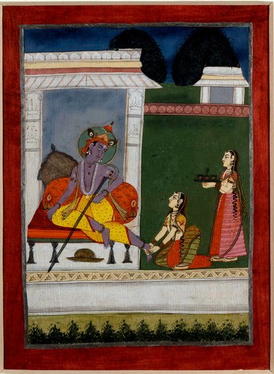 हिंदू धर्म: ""कृष्ण आराम कर रहे हैं""" अगला एक अपने पैरों को थपथपाता है। १७वीं शताब्दी के भारतीय स्कूल की फारसी लघुकथा। रेनेस, ललित कला संग्रहालय द्वारा फारसी स्कूल