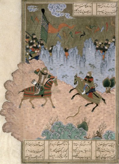 रुस्तम द्वारा द मैजिक एरो के साथ इस्फ़ंडियार का कत्ल, शाहनामा (किंग्स की पुस्तक) से चित्रण, अबुल-कासिम मनूर फ़िरदावी (c.934-c.1020) c.1440 (45 (कलम, स्याही और वेल्लम पर) द्वारा फारसी स्कूल