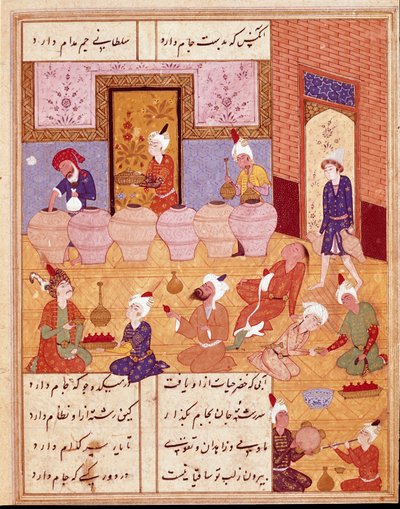 इस्लामी कला: "" संगीतकारों के साथ भोज""" फ़ारसी कवि हाफ़िज़ (हाफ़िज़ शिराज़ी), फ़ारसी पांडुलिपि की कविताओं को दर्शाती लघु। 1554 सैन लोरेंजो डी एल एस्कोरियल, एल एस्कोरियल, मैड्रिड के मठ की रॉयल लाइब्रेरी द्वारा फारसी स्कूल