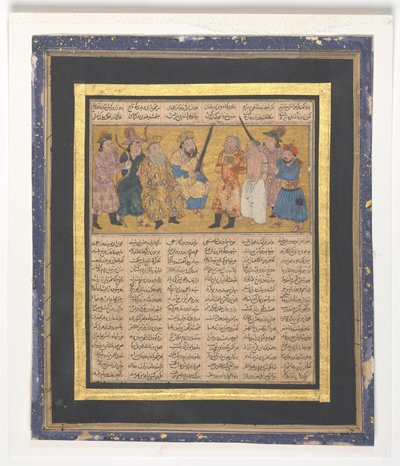काई खुसरो ने एक तलवार पकड़कर सिंहासनारूढ़ किया, c.1300-30 (स्याही, अपारदर्शी जल रंग और कागज पर सोना) द्वारा फारसी स्कूल