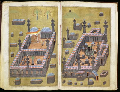MS.343.f15v-16r मदीना और मक्का में मस्जिदों, `कारण चैरिटी के लिए, मुस्तफा अल-शुकरी द्वारा, 1160 द्वारा फारसी स्कूल