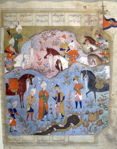 1565-66 में फिरदोसी शाहनाम से सियारवुश और अफरासियाब की मुलाकात (कागज पर सोने की पत्ती के साथ गौचे) द्वारा फारसी स्कूल