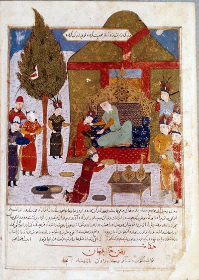 मंगोलियाई सम्राट चंगेज खान (११६७-१२२७) इल्मिल के पास एक शिविर में अपने पोते किबालाई और हुले गु फ़ारसी लघु के साथ जामी अल-तवारीख (जामी अल तवारीख) (मंगोलियाई साम्राज्य का इतिहास) से रशीद अल-दीन द्वारा लिया गया। अल दीन) (बी.१२४७-१३१८) द्वारा फारसी स्कूल