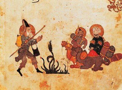 सुश्री अर 3929 f.69, अबू ज़ायद अल-मकामत, (द मीटिंग्स) से, उत्तरी इराक के लिए तीर्थयात्रा के दौरान अल-हरिथ को छोड़ देता है, जिसका वर्णन 13 वीं शताब्दी की दूसरी तिमाही (वेल्लम में गौचे), हरीरी ने किया द्वारा फारसी स्कूल