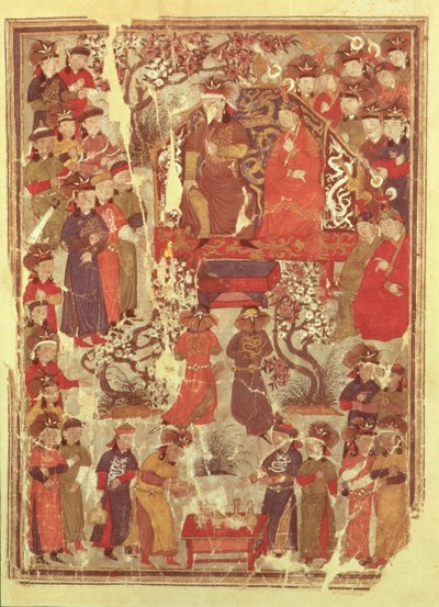 सुश्री। कार्मिक। 1113 f.126v चंगेज खान और उनकी पत्नी बोर्ते रशीद विज्ञापन-दीन (1247-1318) द्वारा जमी अल अल तवारीख (यूनिवर्सल हिस्ट्री) नामक पुस्तक से दरबारियों, फोलियो से पहले उत्साहित थे। द्वारा फारसी स्कूल