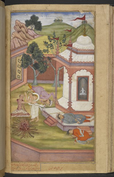 या.12076 f.90v चंद्रहास ने अपने शरीर के टुकड़े काटकर उन्हें अग्नि में डालकर कैंडिका के मंदिर में स्वयं का बलिदान कर दिया (काबिल इब्न मकबूल) #39;रज्मनामा#39; (#39;युद्ध की पुस्तक#39;) से, नकीब खान द्वारा महाभारत का अनुवाद द्वारा फारसी स्कूल