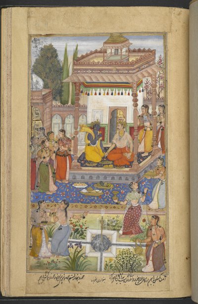 या.12076 f.95r कृष्ण भीम को अर्जुन के पराक्रम के बारे में बता रहे हैं जिसे महिलाएं भी सुन रही हैं (बनवारी खुर्द) #39;रज्मनामा#39; (#39;युद्ध की पुस्तक#39;) से, नकीब खान द्वारा महाभारत का अनुवाद द्वारा फारसी स्कूल