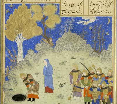 फारसी 239 fol.180a विस्तार से: रुस्तम ने बी को बचाया! गड्ढे से झन, शाहनामा (किंग्स की पुस्तक) से चित्रण, अबुल-कासिम मंसूर फ़िरदावी (c.934-c.1020, 1444 द्वारा फारसी स्कूल