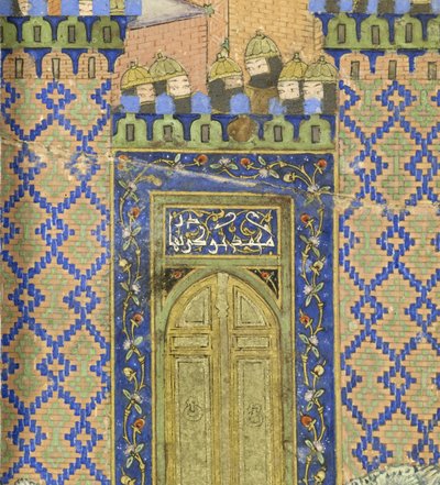 फ़ारसी 239 fol.278a विस्तार से: इस्फ़न्दिया आर स्लेज आर एस इन द ब्रेज़न होल्ड, शाहनामा (किंग ऑफ़ बुक) से चित्रण, अबुल-कासिम मंसूर फ़िरदावी (c.934-c.1020), 1444 द्वारा फारसी स्कूल