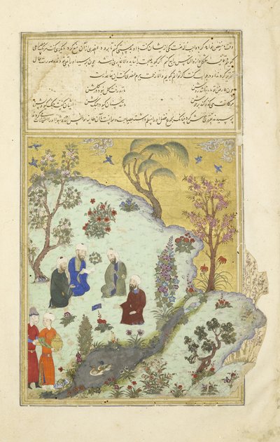 फारसी 239 fol.7a फ़िरदौसी ग़ज़नी के दरबारी कवियों का सामना करते हैं, शाहुलना (किंग्स की पुस्तक) से चित्रण, अबुल-कासिम मंसूर फ़िरदावी (c.934-c.1020), 1444 द्वारा फारसी स्कूल