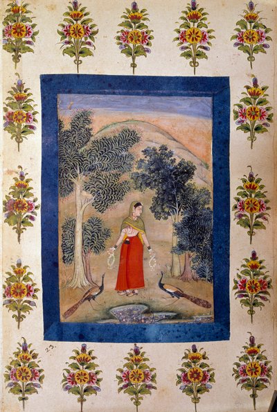 फारसी कला: दो फूलों की हार वाली महिला जो वह भेंट करती है उसके पास दो मोर होते हैं। फ़ारसी लघु द्वारा फारसी स्कूल