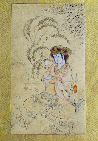 फ़ारसी कला: "" एक विलो के नीचे वापस लौटता युवक "" 17 वीं शताब्दी के पेरिस के बेनामी गौचे, लौवर संग्रहालय द्वारा फारसी स्कूल
