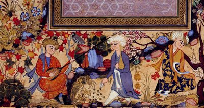 संगीतकारों के साथ मनोरंजन दृश्य का प्रतिनिधित्व करने वाला फ़ारसी लघुचित्र। १६वीं सदी के गौचे का विवरण। पेरिस, लौवर संग्रहालय द्वारा फारसी स्कूल