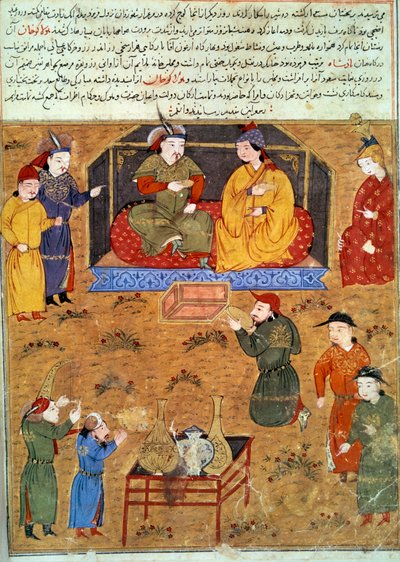 हौलागौ खान (1217-1265) का प्रतिनिधित्व, वह चंगेज खान फारसी लघुचित्र का पोता है जो इतिहासकार राशिद अल-दीन द्वारा "" जामी अल-तवारीख "" (जामी अल-तवारीख) या "सार्वभौमिक इतिहास" से लिया गया है। दीन) (1247-1318) 1430 के आसपास। पेरिस द्वारा फारसी स्कूल