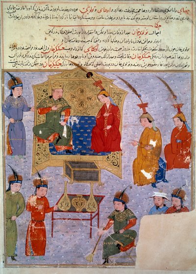 हौलागौ खान (1217-1265) का प्रतिनिधित्व, वह चंगेज खान फारसी लघुचित्र का पोता है जो इतिहासकार राशिद अल-दीन द्वारा "" जामी अल-तवारीख "" (जामी अल-तवारीख) या "" सार्वभौमिक इतिहास "" से लिया गया है। दीन) (१२४७-१३१८) १४३० क द्वारा फारसी स्कूल