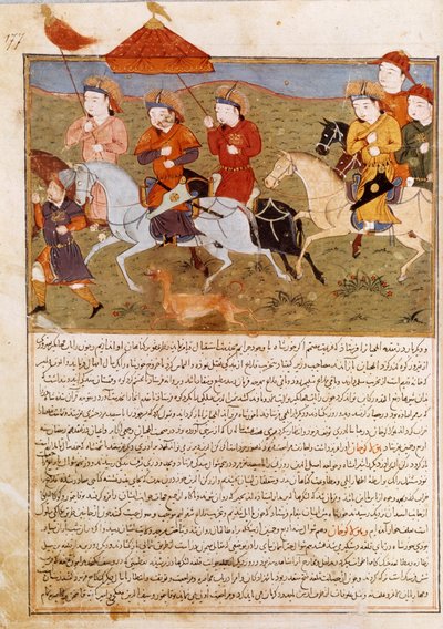 घुड़सवारी के चंगेज खान के पोते हौलागौ खान का प्रतिनिधित्व। इतिहासकार रशीद अल-दीन (अल दीन) (1247-1318) द्वारा 1430 के आसपास जामी अल-तवारीख" (जामी अल तवारीख) या "" सार्वभौमिक इतिहास "" से लिया गया फारसी लघुचित्र। पेरिस, बीएन द्वारा फारसी स्कूल