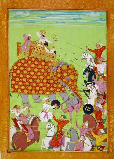 मुराद (मौराद) बख्श (1624-1661) का प्रतिनिधित्व, मुगल सम्राट शाहजहाँ (या शाहजहाँ, शाहजहाँ) के पुत्र हाथी पर लड़ रहे थे। १७वीं शताब्दी के फ़ारसी लघुचित्र पेरिस, बीएन द्वारा फारसी स्कूल